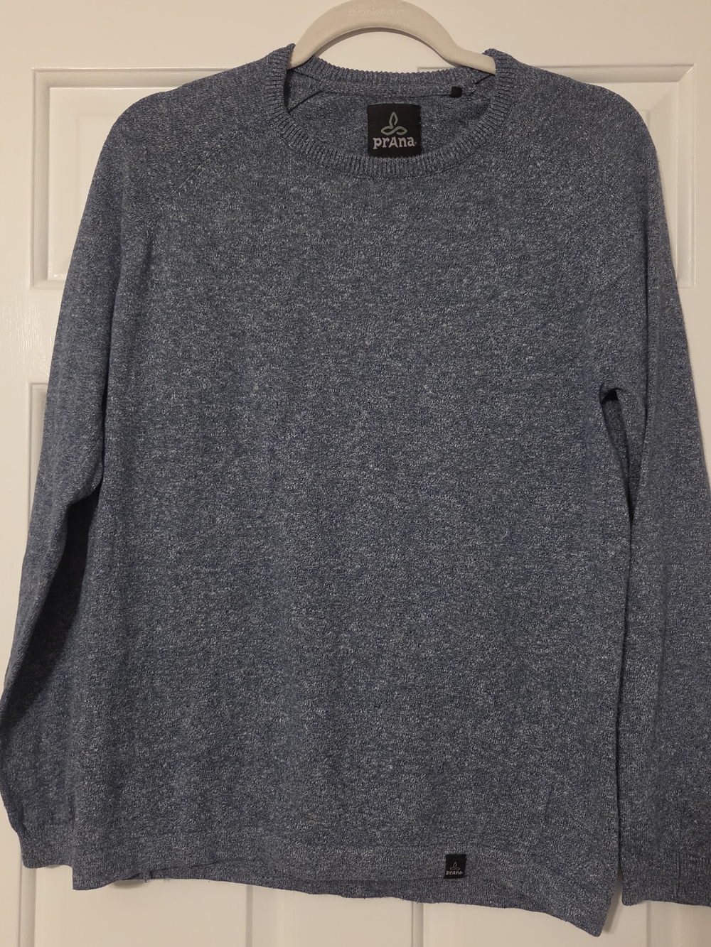 prAna Men's Kaola Crew Sweater Sz Small Blue Heather Marled Knit Raglan Pullover